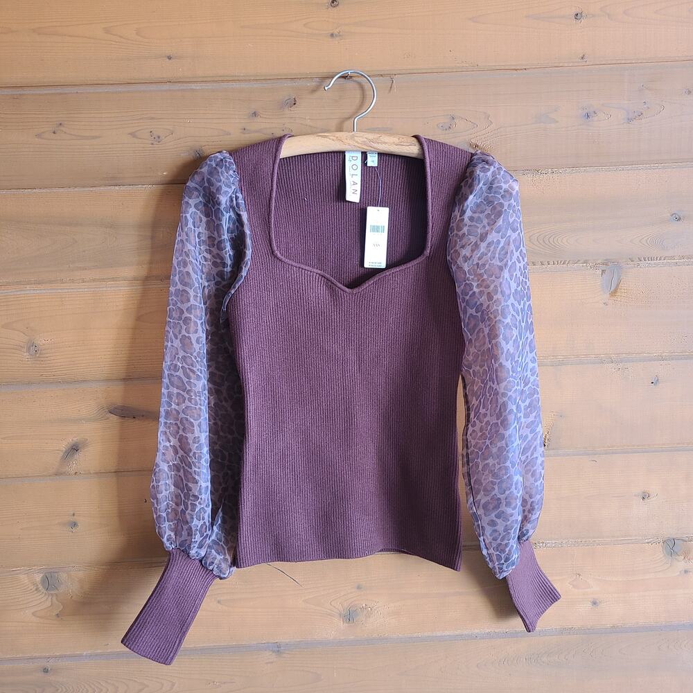 Anthropologie Dolan Puff Sleeve Sweater Top NWT Brown Leopard Bustier XXS Blouse - Picture 2 of 5